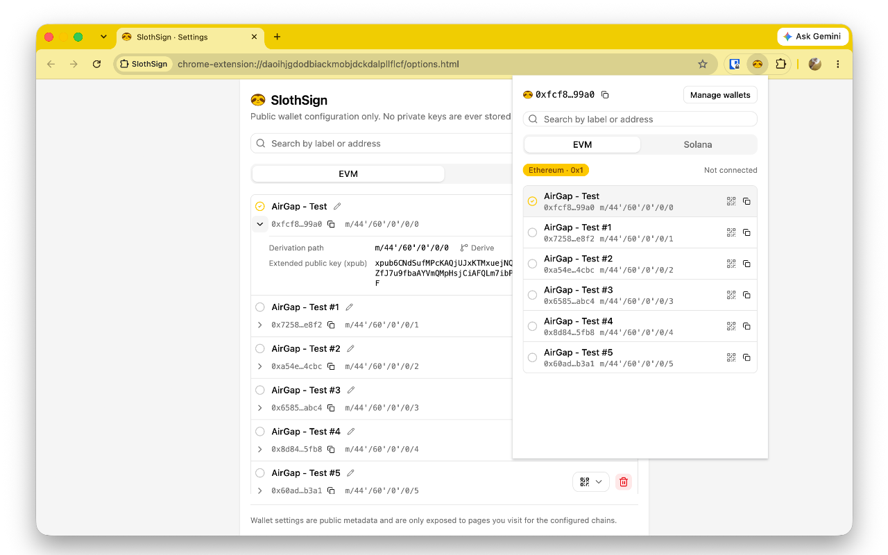 SlothSign extension settings page with the wallet popup open